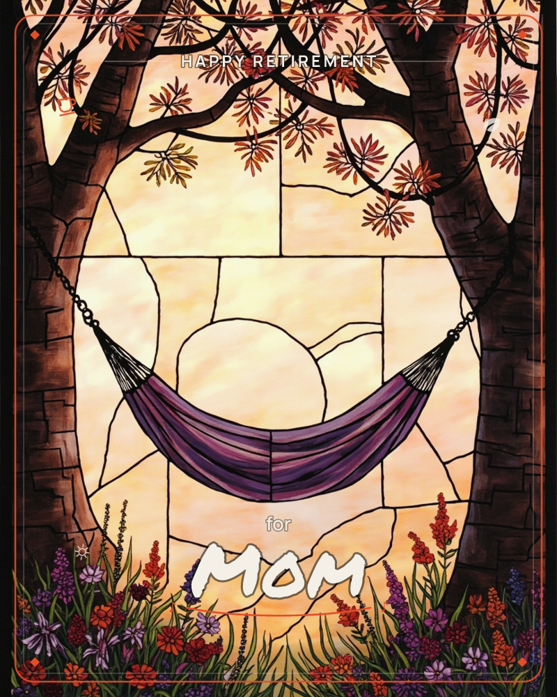 A stained-glass style illustration shows a purple hammock strung between two tall trees, their branches heavy with autumn leaves overhead, a retirement e-card design