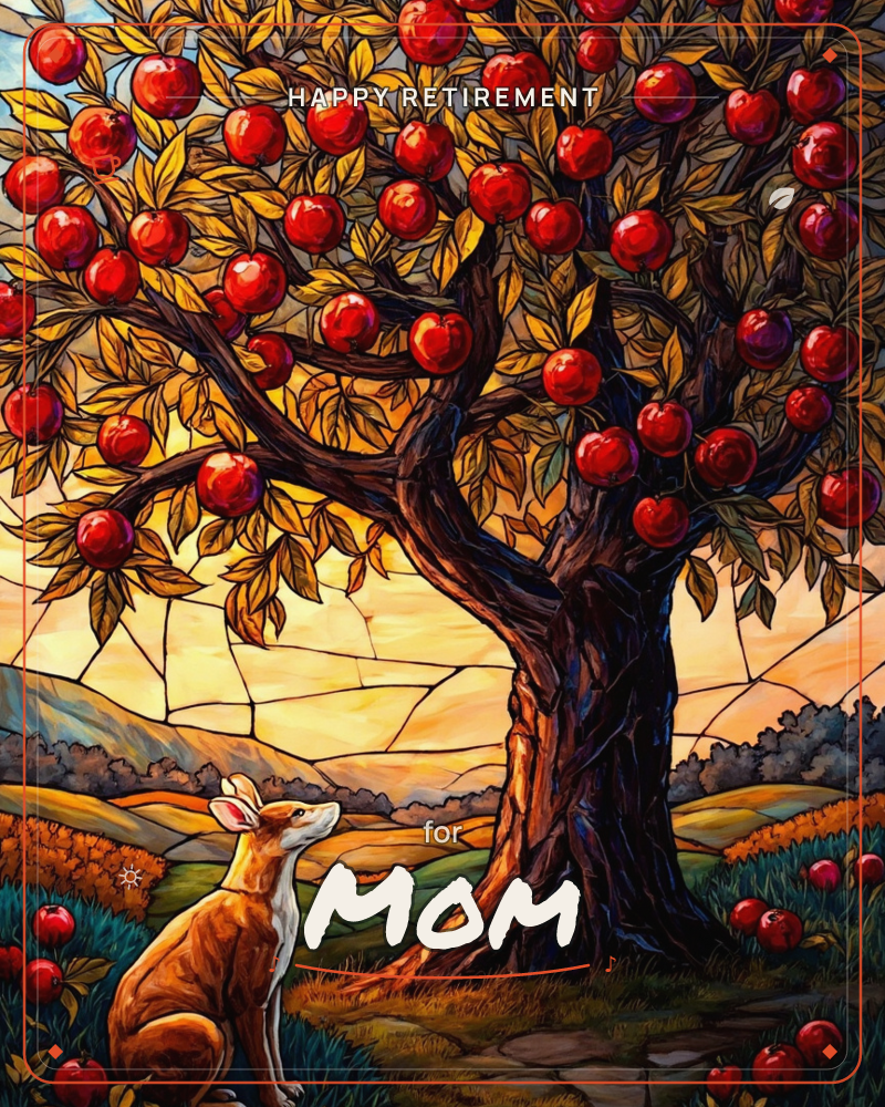A stained-glass style illustration shows a fox sitting beneath a sprawling apple tree heavy with ripe red fruit, gazing up at the branches against a…, a retirement e-card design