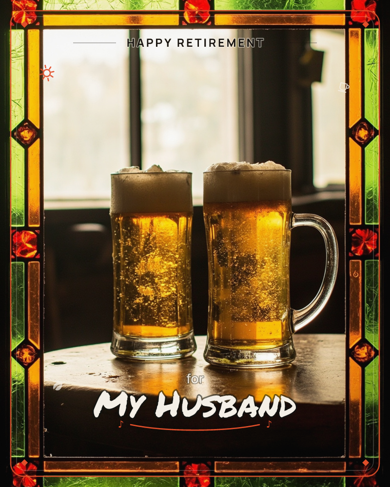 Two frothy mugs of golden beer sit side by side on a dark wooden pub table, backlit by a bright window, a retirement e-card design