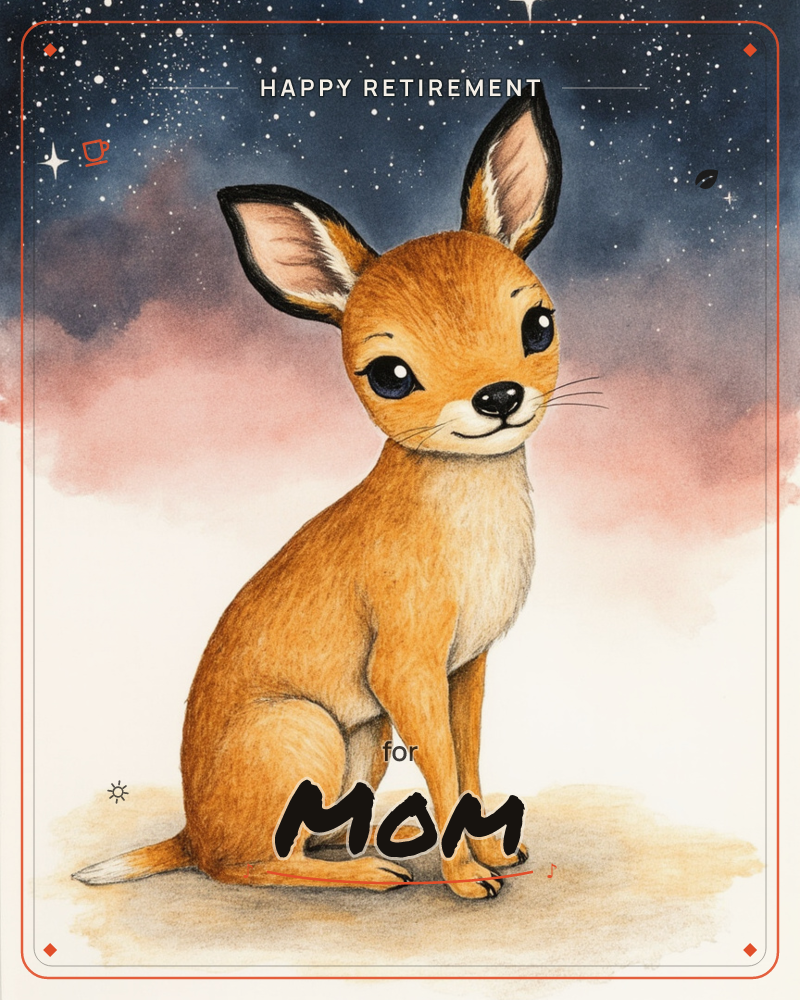 A large-eared fennec fox sits upright against a starry night sky that fades into a soft pink haze near the horizon, a retirement e-card design