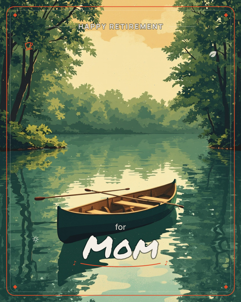 An empty wooden canoe drifts on a still, glassy river, its paddles crossed and resting inside the hull, a retirement e-card design