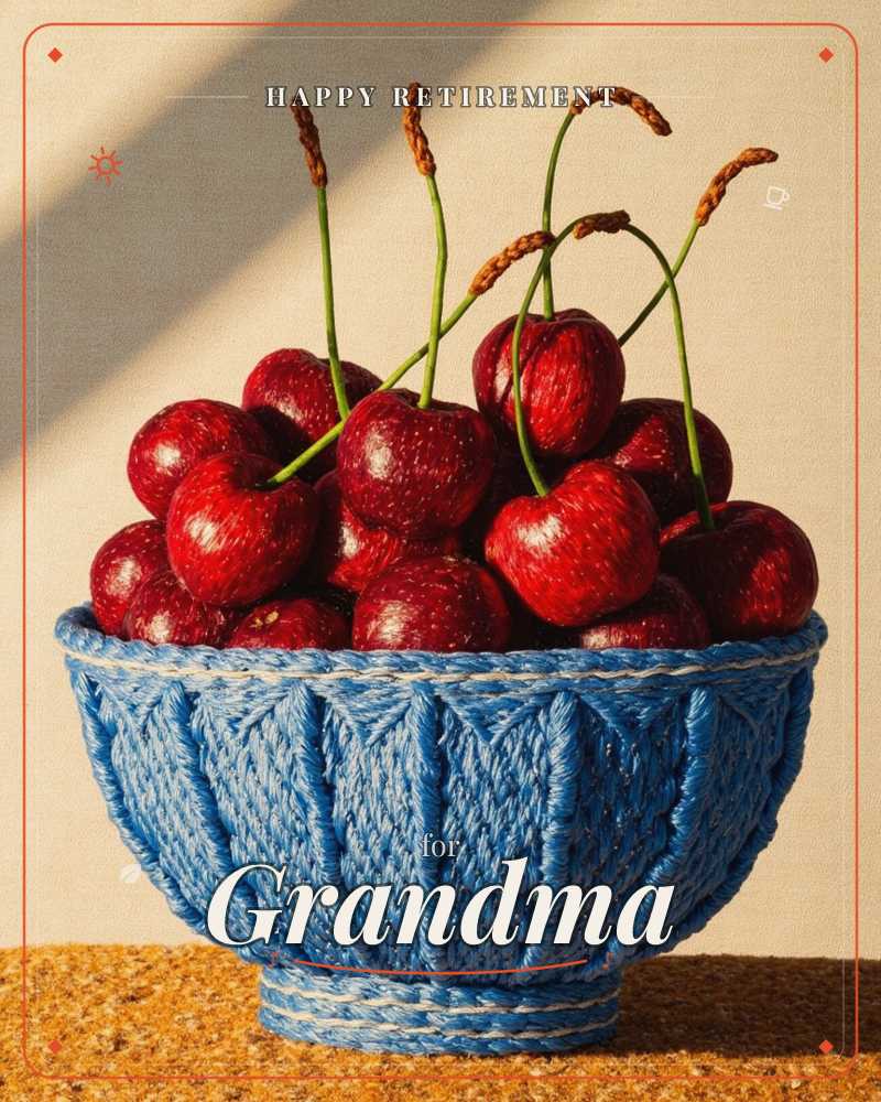 A woven blue basket sits piled high with glossy dark cherries, their stems curling upward like little hooks, a retirement e-card design