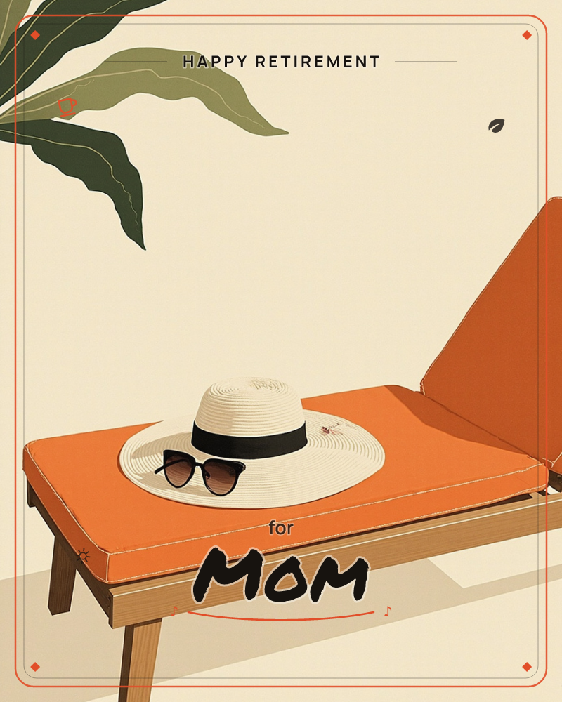 A wide-brimmed straw hat with a black band rests on a bright orange lounge chair cushion, sunglasses tucked casually beside it, a retirement e-card design