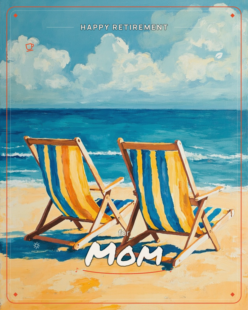 Two empty striped deck chairs sit side by side on a sandy shore, facing out toward a deep turquoise sea and a sky piled with bright, billowing clouds, a retirement e-card design