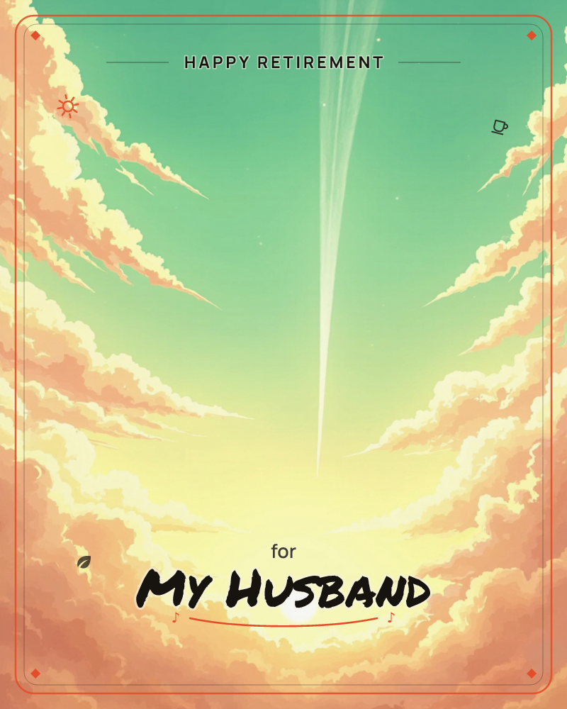 A radiant sun sits low in a parting of golden clouds, its light streaming upward into a sky that fades from warm yellow into cool teal-green, a retirement e-card design