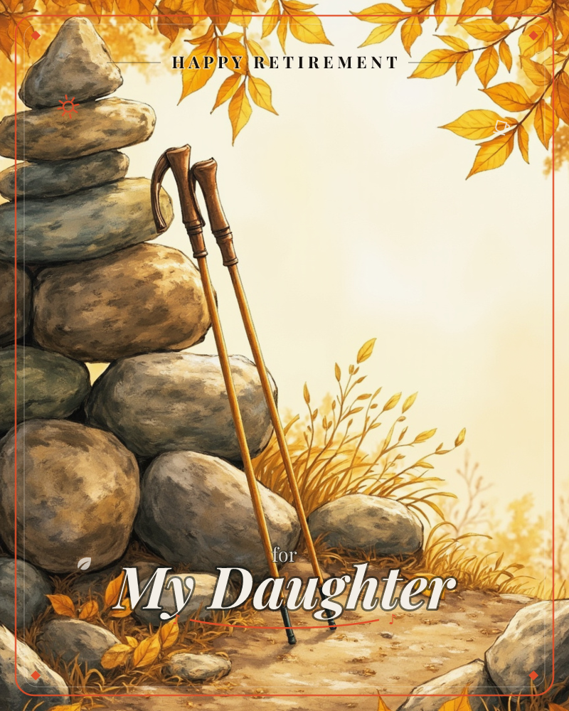 A stacked stone cairn marks a trail, with a pair of wooden hiking poles leaning against it and golden autumn leaves arching overhead, a retirement e-card design