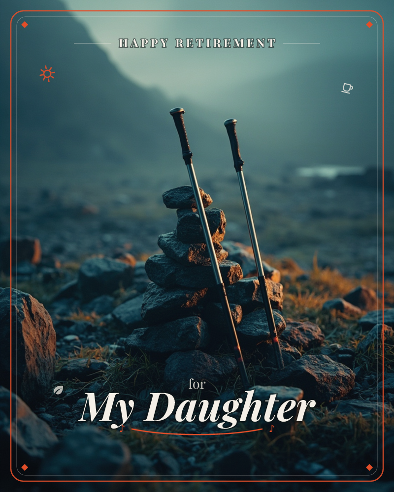 A pair of trekking poles leans against a small stone cairn on a rocky mountain trail, mist softening the distant hills into pale blue-grey, a retirement e-card design