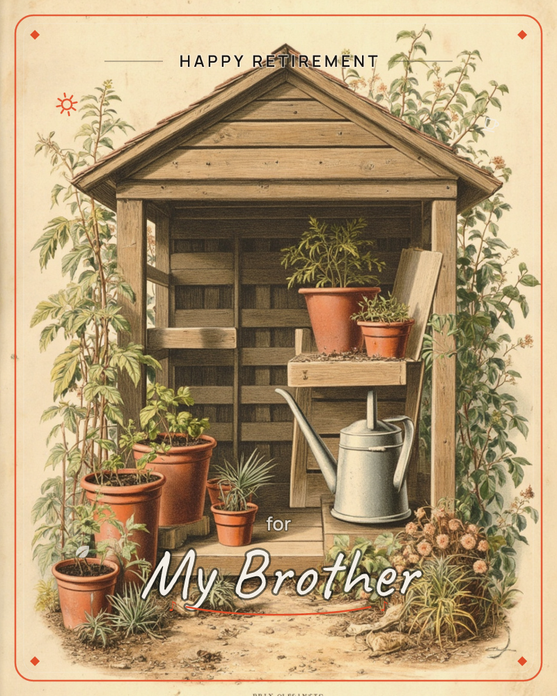 A weathered wooden garden shed with a peaked roof stands framed by climbing vines heavy with small leaves, a retirement e-card design