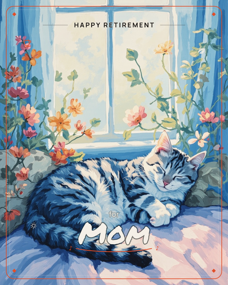 A grey tabby cat curls up asleep on a windowsill, tucked among trailing pink and orange blooms with blue curtains framing a soft cloudy sky, a retirement e-card design