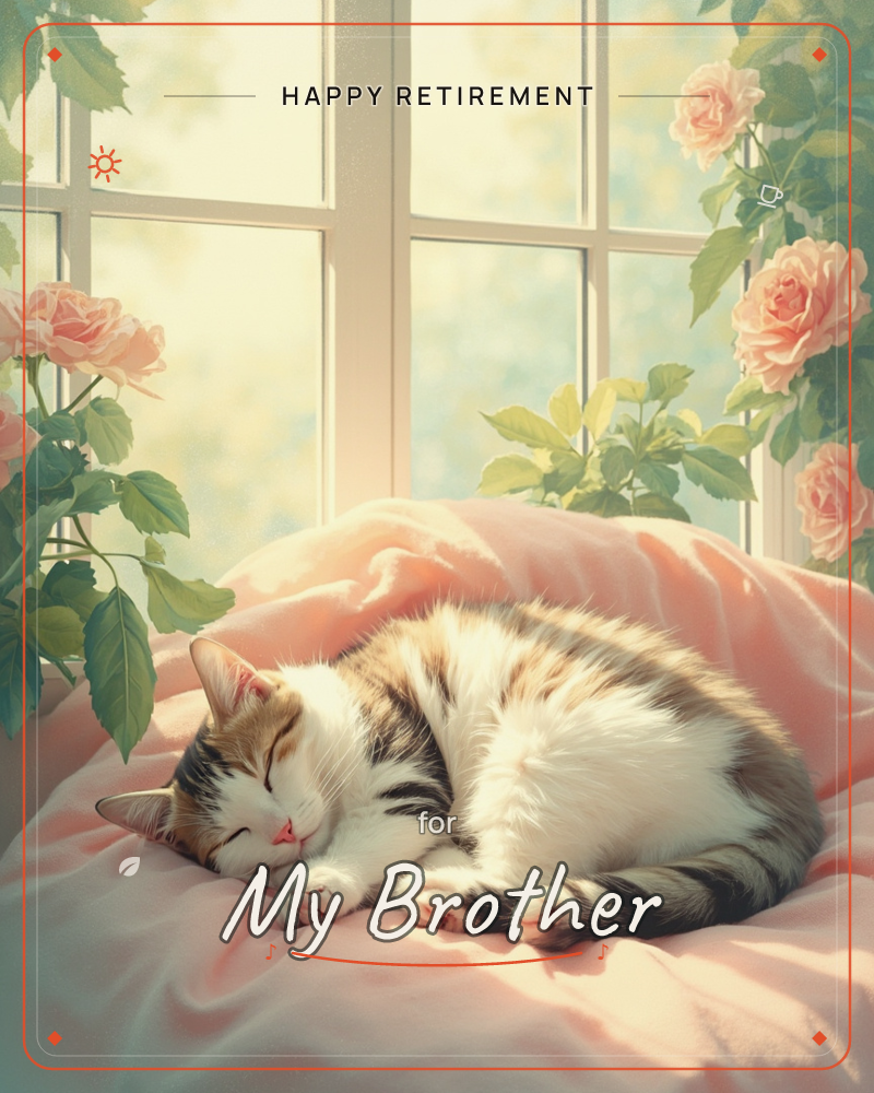 A calico cat sleeps curled on a soft pink blanket in a sunlit window seat, framed by climbing pink roses on either side, a retirement e-card design