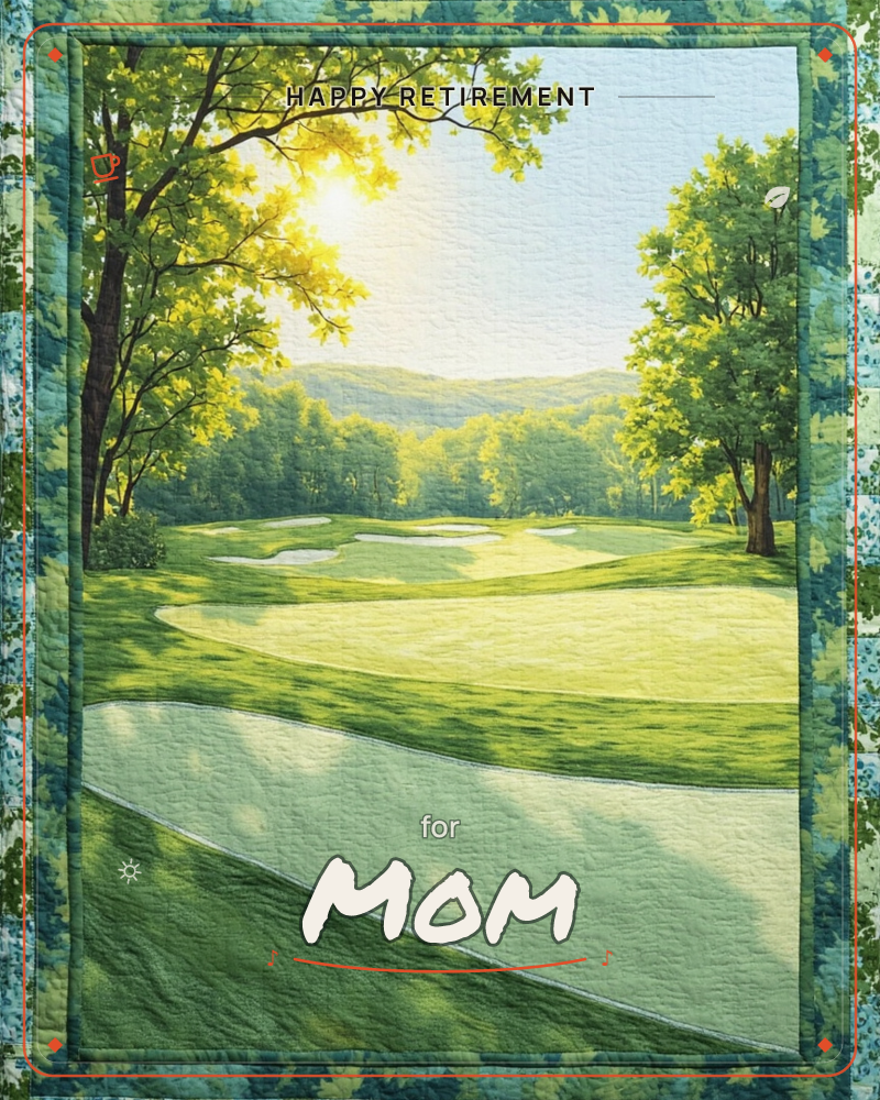 A sunlit golf course fairway stretches between rolling sand bunkers, framed by tall shading trees whose canopy filters the bright morning sun, a retirement e-card design