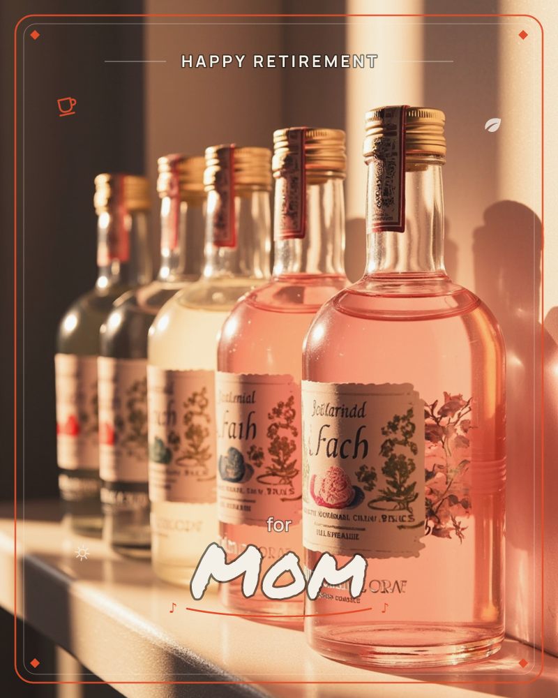 A row of glass bottles stands on a pale shelf, each capped with gold foil and labeled with delicate botanical illustrations, a retirement e-card design