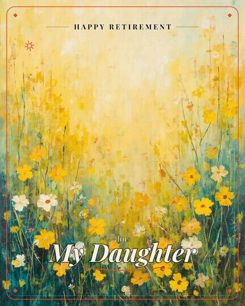 A meadow of yellow and white wildflowers rises against a hazy golden sky, their thin stems scattered across a teal-green field below, a retirement e-card design