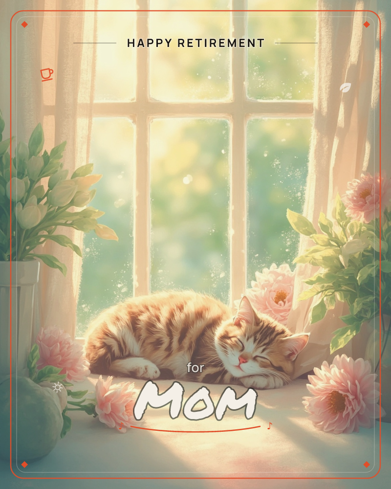 A ginger and white kitten lies curled asleep on a sunlit windowsill, tucked between vases of pink and cream blooms, a retirement e-card design