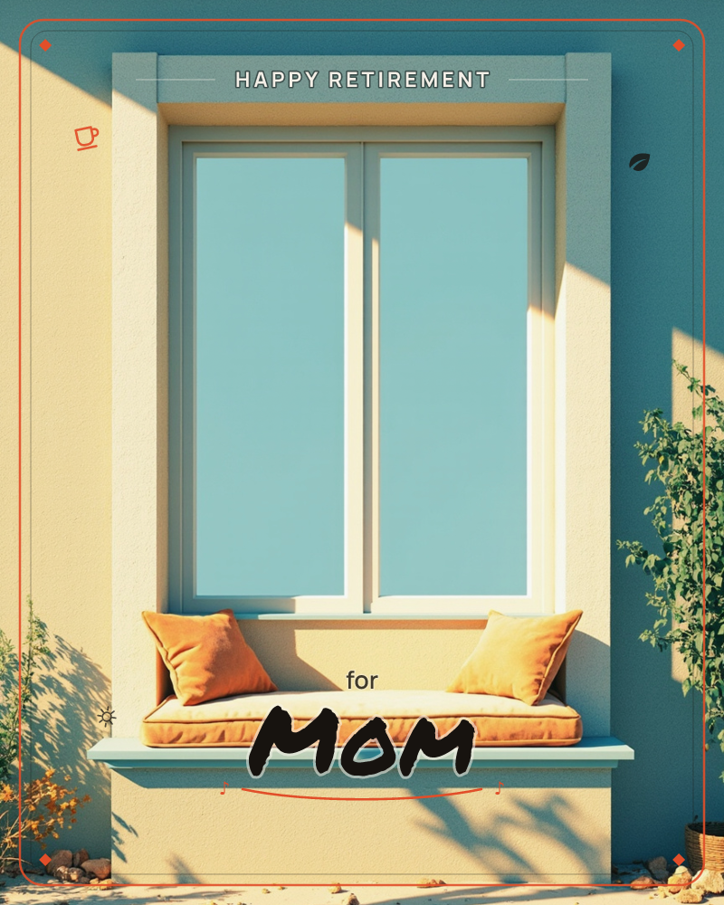 A sunlit stucco wall frames a pair of pale blue-glassed windows above a built-in bench topped with a cream cushion and two mustard pillows, a retirement e-card design