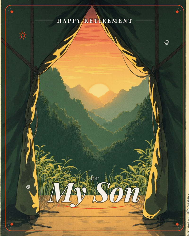 A tent flap is tied open to reveal layered green mountains fading into haze as the sun sets between them in a blaze of orange and gold, a retirement e-card design