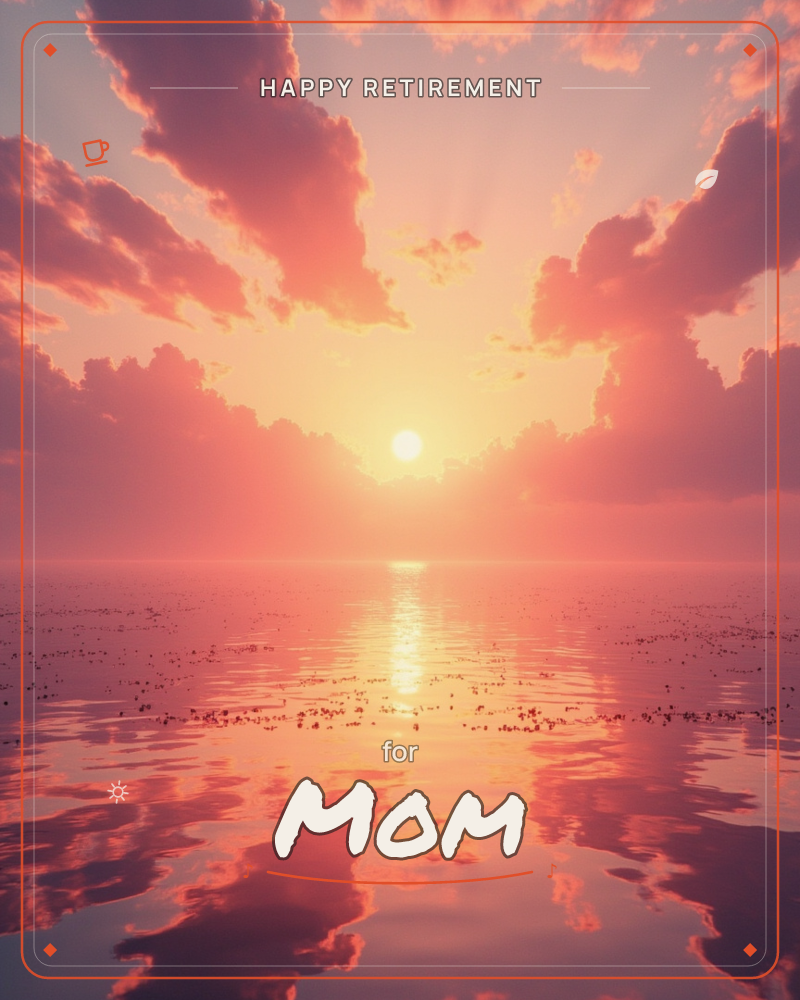 A glowing sun sits low on the horizon, its light breaking through pink and gold clouds that fan out across the sky, a retirement e-card design