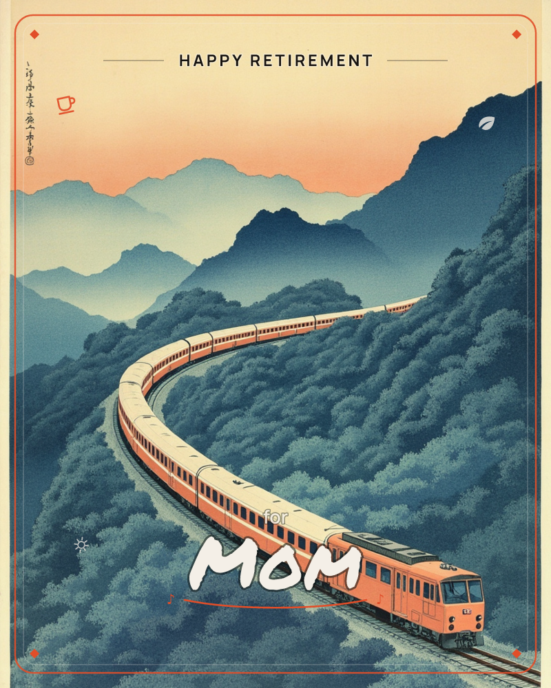 A cream and orange train winds in a long S-curve through forested mountains rendered in layered blue silhouettes, heading toward a soft orange sunset…, a retirement e-card design
