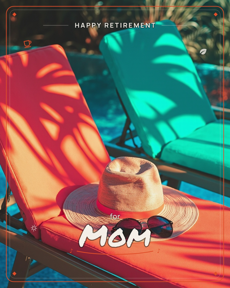 A poolside snapshot of two empty loungers, one coral and one turquoise, with palm frond shadows raking across the fabric in late afternoon light, a retirement e-card design