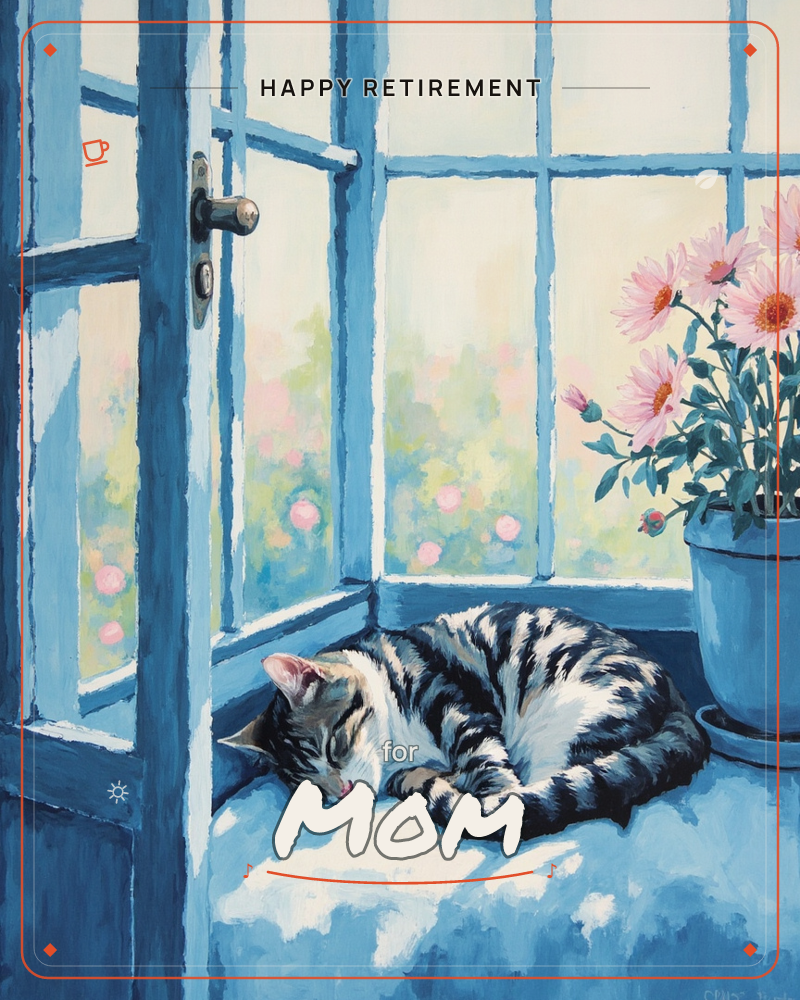 A striped tabby cat curls up asleep in a sunlit windowsill nook, framed by pale blue window panes and a half-open door, a retirement e-card design