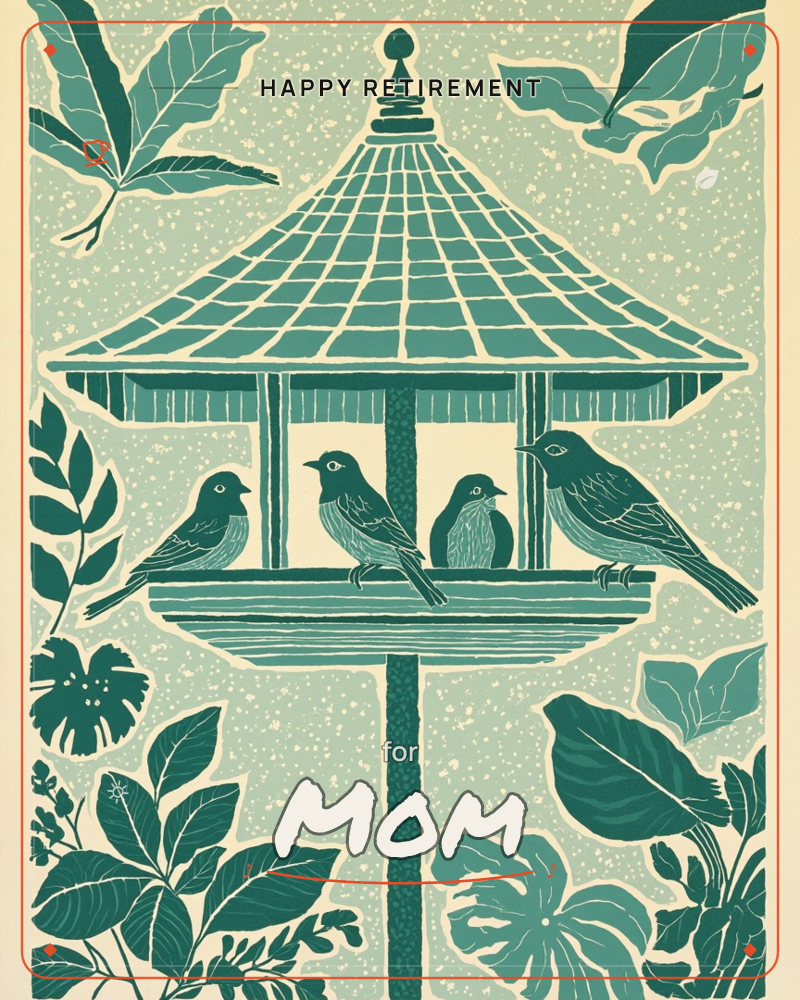 A wooden bird feeder with a peaked, shingled roof stands at the centre, four small birds perched along its ledge, a retirement e-card design