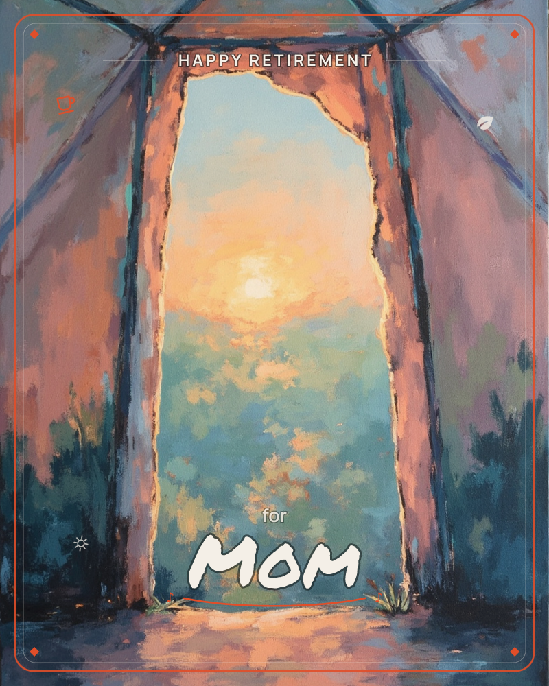 The view looks out from inside a tent or teepee, its canvas walls glowing rose and mauve, toward an open flap framing a sunrise over a hazy blue-green…, a retirement e-card design