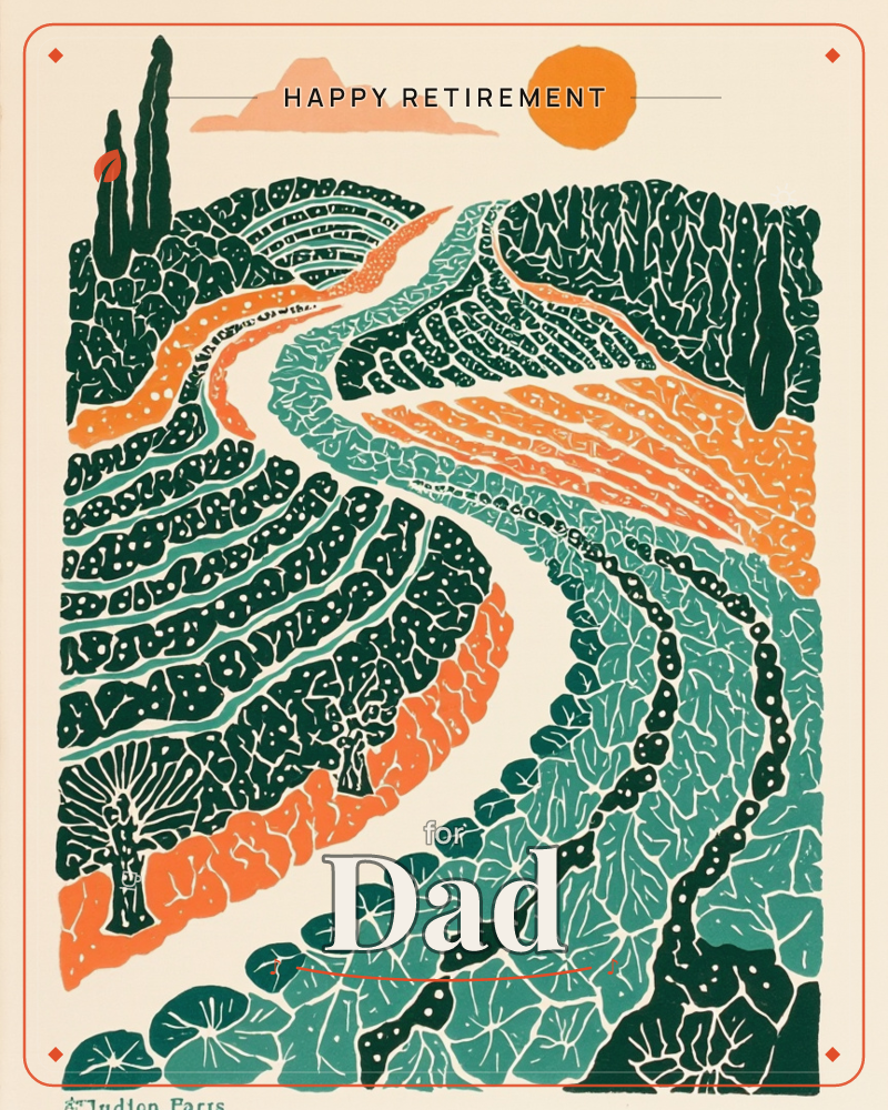 A stylised landscape print shows a winding river cutting through terraced hills of dense, patterned foliage in teal and deep green, with warm orange…, a retirement e-card design