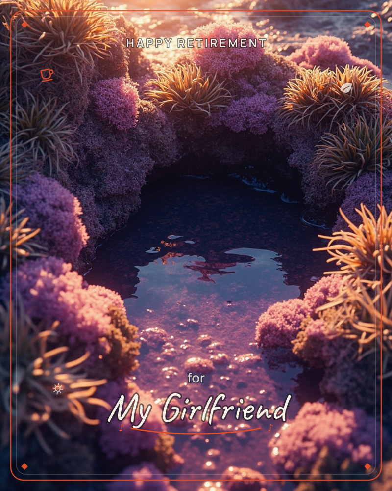 A tide pool sits ringed by clumps of coral-like anemones and spiky sea grasses, their tips catching a low golden sunset light, a retirement e-card design