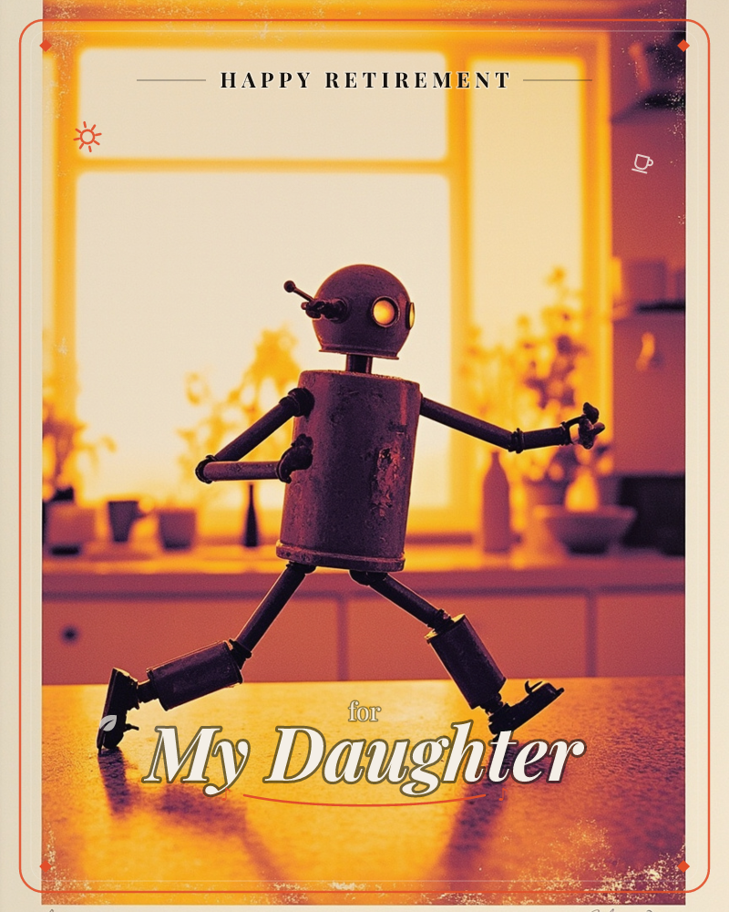 A small toy robot mid-stride strides across a sunlit kitchen counter, its metal body glowing amber against a bright window behind it, a retirement e-card design