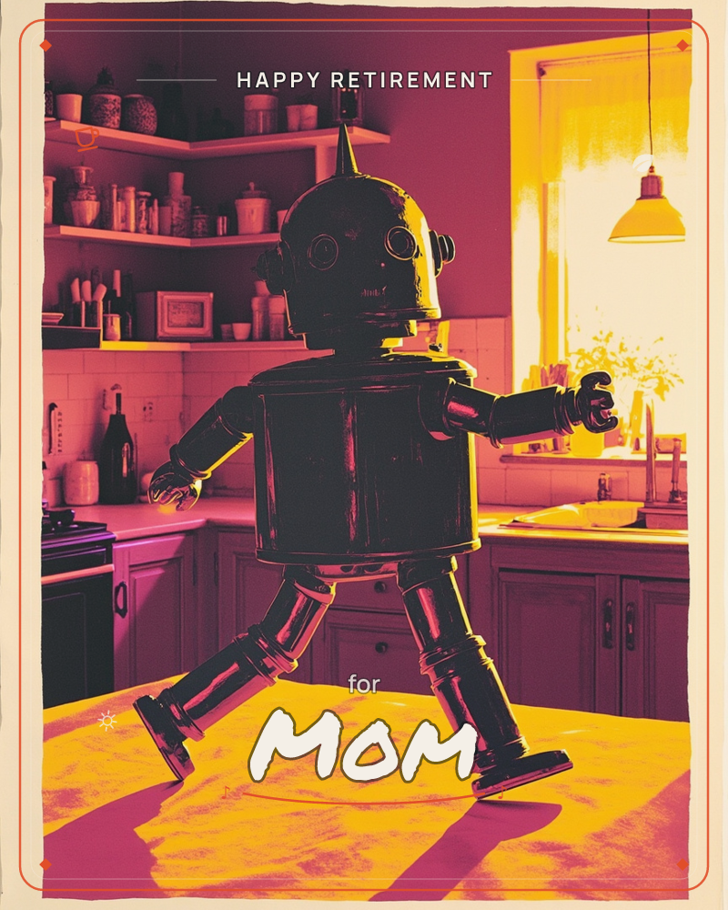 A vintage-style toy robot strides across a kitchen counter, its riveted metal body catching hot yellow light pouring in from a window, a retirement e-card design
