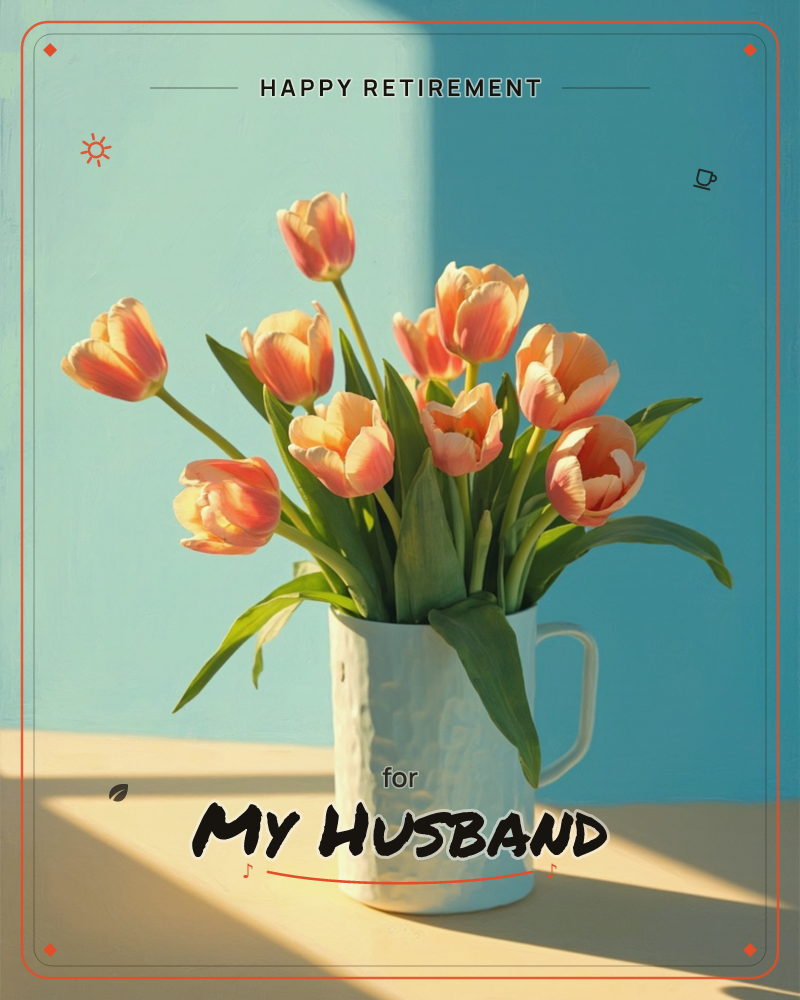 A bouquet of peach and coral tulips stands in a hammered white ceramic jug, catching a wedge of warm sunlight against a wall painted two shades of blue, a retirement e-card design