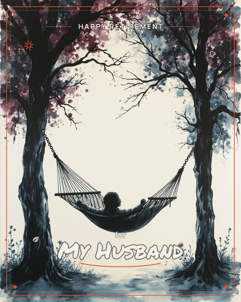 Two dark, gnarled trees arch toward each other, their branches speckled with plum and dusty blue blossoms, framing a pale glowing gap of sky, a retirement e-card design