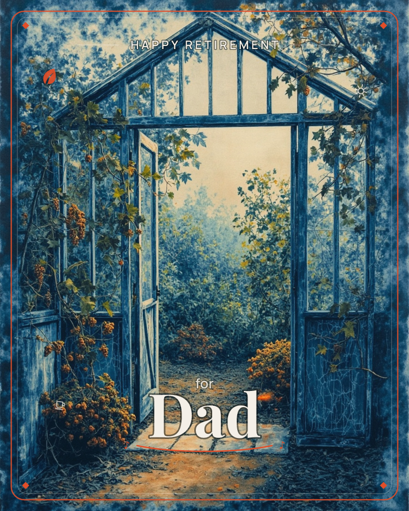 A weathered blue garden archway stands open, its wooden frame tangled with vines and clusters of small orange berries, a retirement e-card design