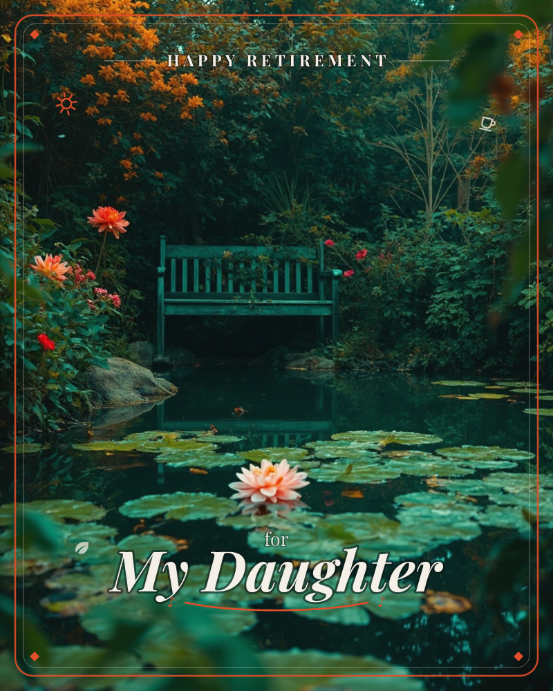 A quiet garden pond glows in deep twilight green, its still surface scattered with lily pads and a single pale pink water lily, a retirement e-card design