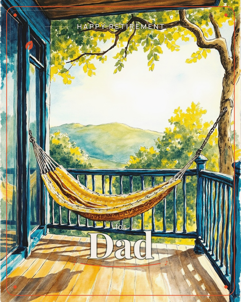 A porch with teal-blue railings looks out over rolling green hills, an empty hammock strung between a post and a tree trunk, a retirement e-card design
