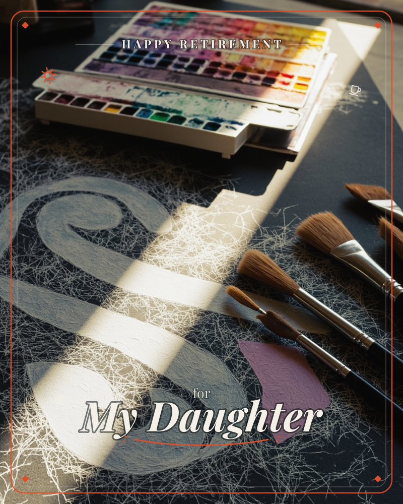 A photographic still life of an artist's desk, with a rainbow watercolour palette, a scatter of fine-tipped brushes, and a swirling painted letter…, a retirement e-card design