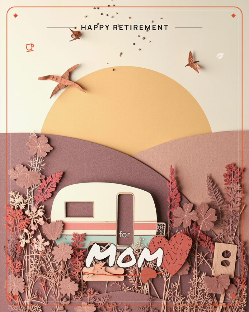 A paper-craft caravan sits nestled in layered rolling hills, its cream body striped in coral and dusty teal, parked beneath a large golden sun, a retirement e-card design