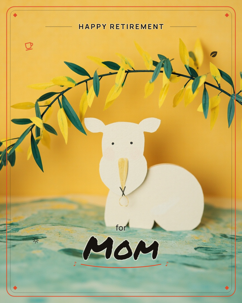 A cut-paper sheep with a leafy sprig held in its mouth sits on a textured teal-and-gold paper ground, beneath an arching branch of green and yellow…, a retirement e-card design