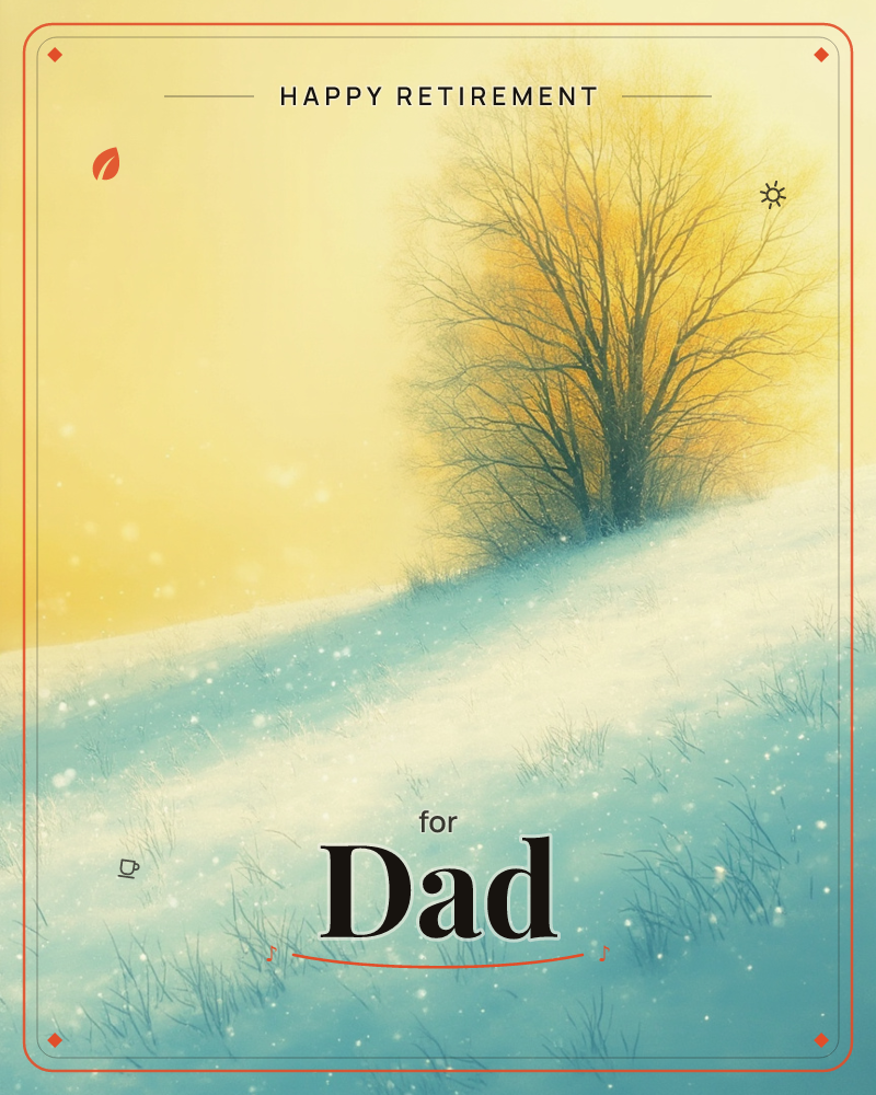 A lone bare tree stands atop a snowy slope, its branches glowing gold against a warm amber sky, a retirement e-card design