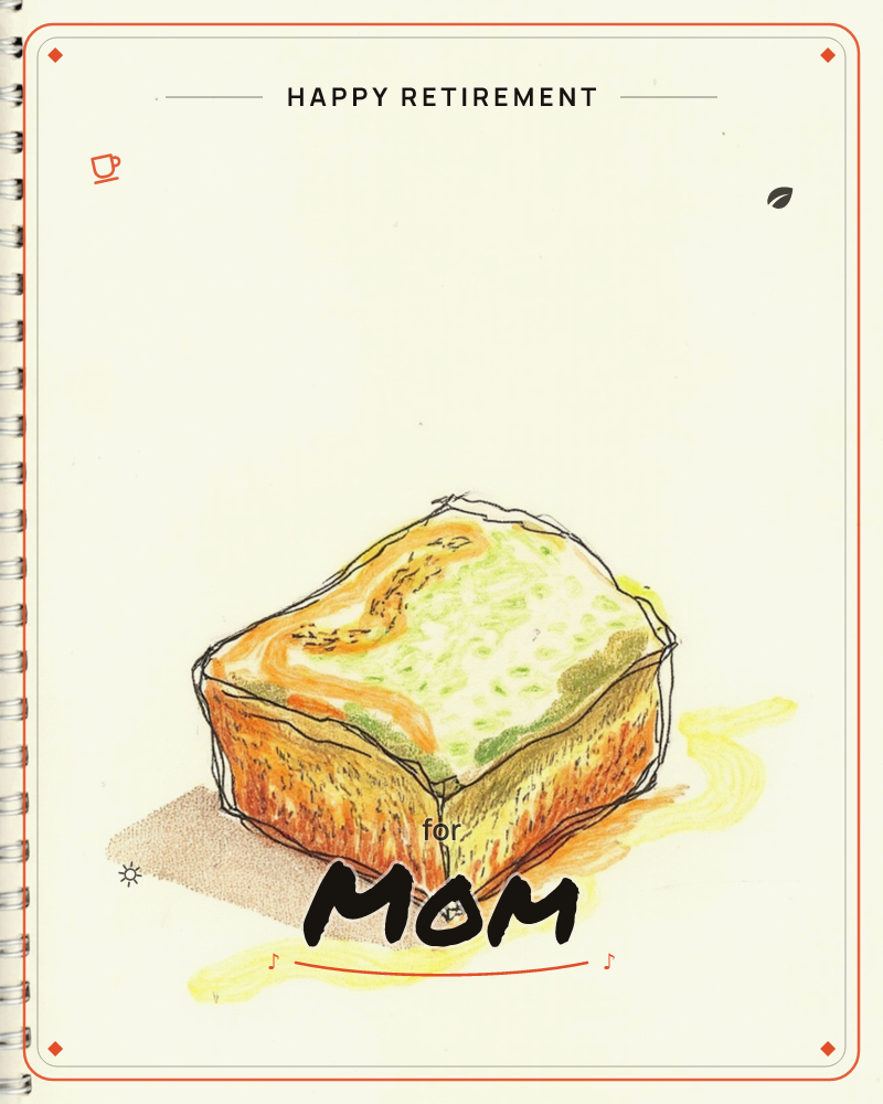 A sketchbook page shows a loose pen-and-marker drawing of a frosted loaf cake, its top swirled with green and white icing and a drip of golden syrup…, a retirement e-card design