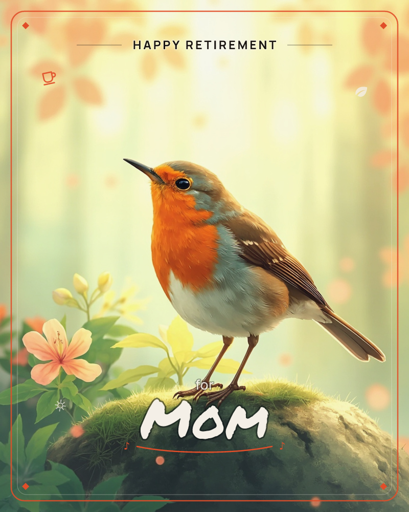 A robin with a bright orange breast perches on a moss-covered stone, its head turned to one side against a soft, glowing backdrop of blurred leaves, a retirement e-card design