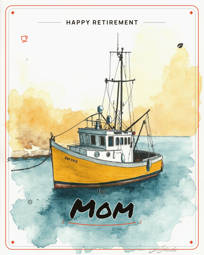 A small yellow fishing boat with a white cabin sits at anchor on teal harbour water, its mast and rigging lines rising against a soft, sandy-gold wash…, a retirement e-card design
