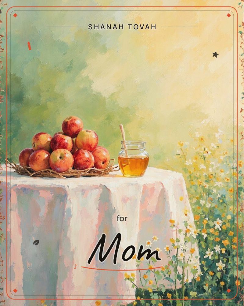 A round table draped in a soft pink cloth holds a woven basket piled with red apples beside a glass jar of honey with its dipper resting inside, a rosh hashanah e-card design