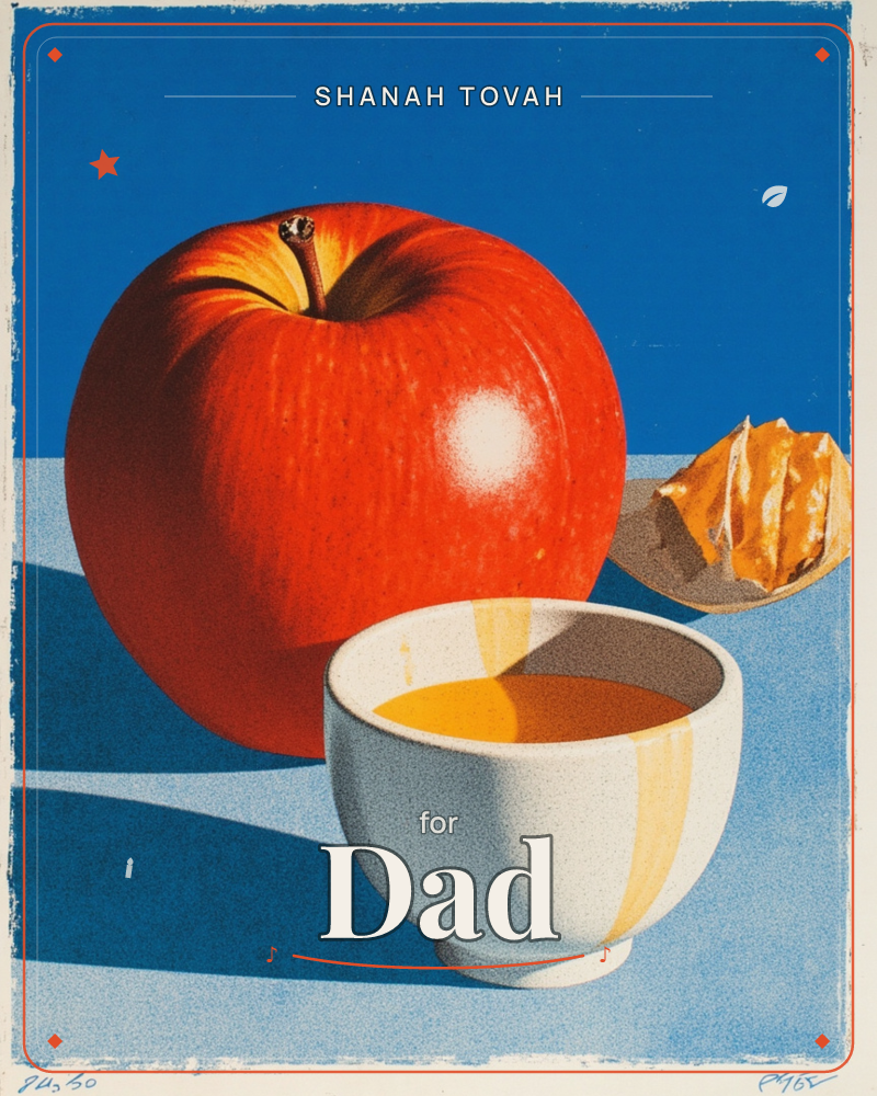 A single glossy red apple looms large against a deep blue backdrop, with a small bowl of amber tea or honey and a curl of dried orange peel set beside it, a rosh hashanah e-card design