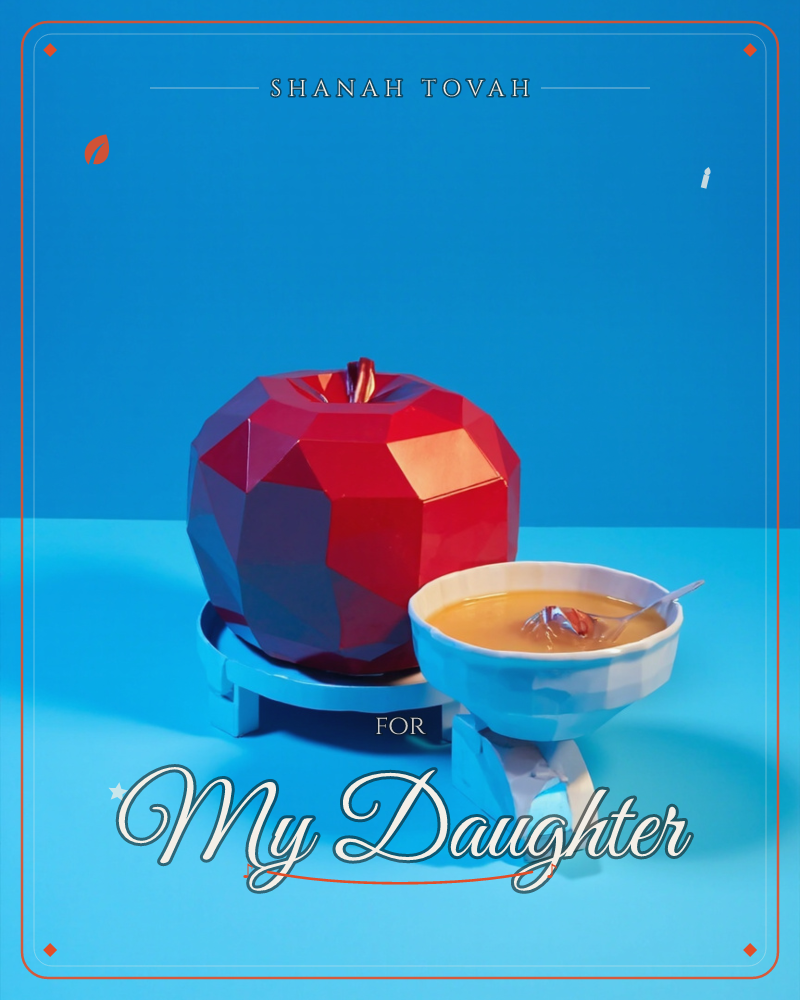A faceted, low-poly red apple sculpture sits on a small stand beside a matching low-poly white bowl filled with amber honey and a dipped spoon, all set…, a rosh hashanah e-card design