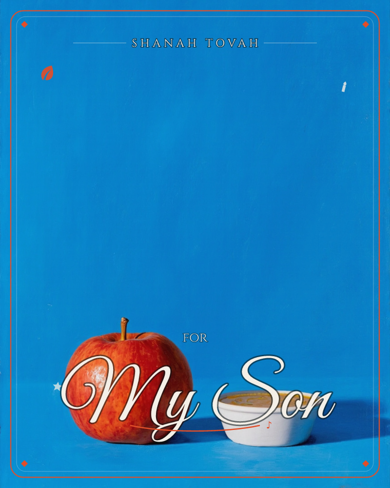 A single red apple sits beside a small white bowl of golden honey, both set against a bold flat cobalt-blue background, a rosh hashanah e-card design