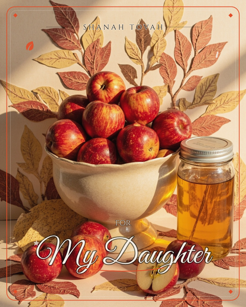 A ceramic pedestal bowl overflows with red-striped apples, set against a fanned backdrop of dried autumn leaves in rust, gold and amber tones, a rosh hashanah e-card design