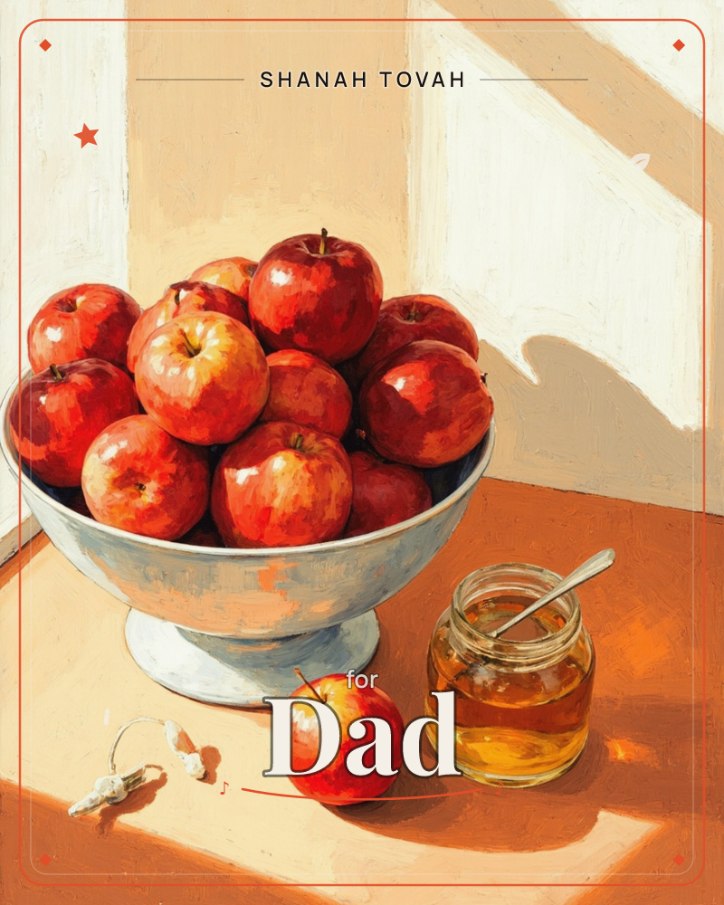 A pedestal bowl overflows with glossy red apples on a wooden tabletop, one apple set apart beside a honey jar with a spoon resting in it, a rosh hashanah e-card design