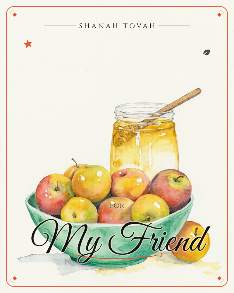 A green ceramic bowl overflows with rosy apples, one having rolled loose onto the table, while a glass jar of golden honey with a wooden dipper sits…, a rosh hashanah e-card design