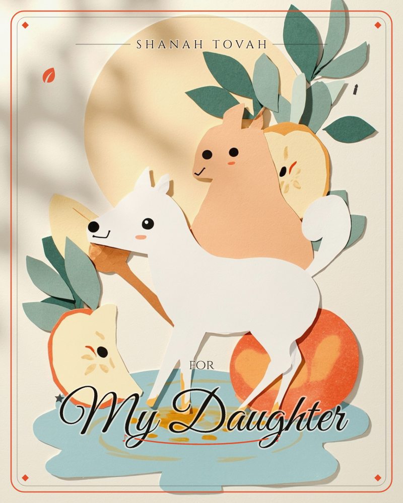 A paper-cut illustration shows a small white pony and a peach-toned rabbit standing together in a puddle, framed by layered leaves and sliced apples…, a rosh hashanah e-card design